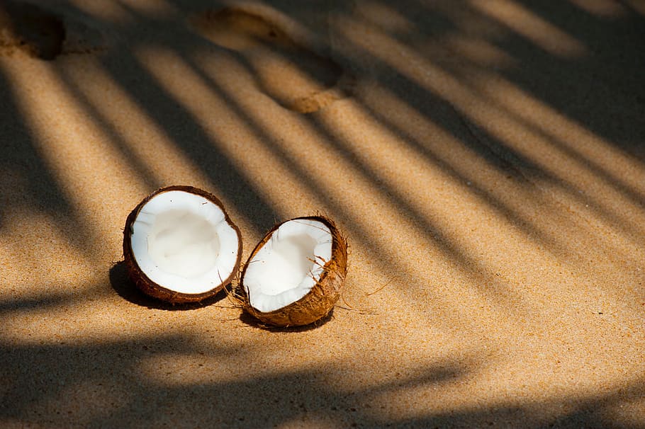 split, coconut, sand, travel, vacation, food, fruit, white HD wallpaper