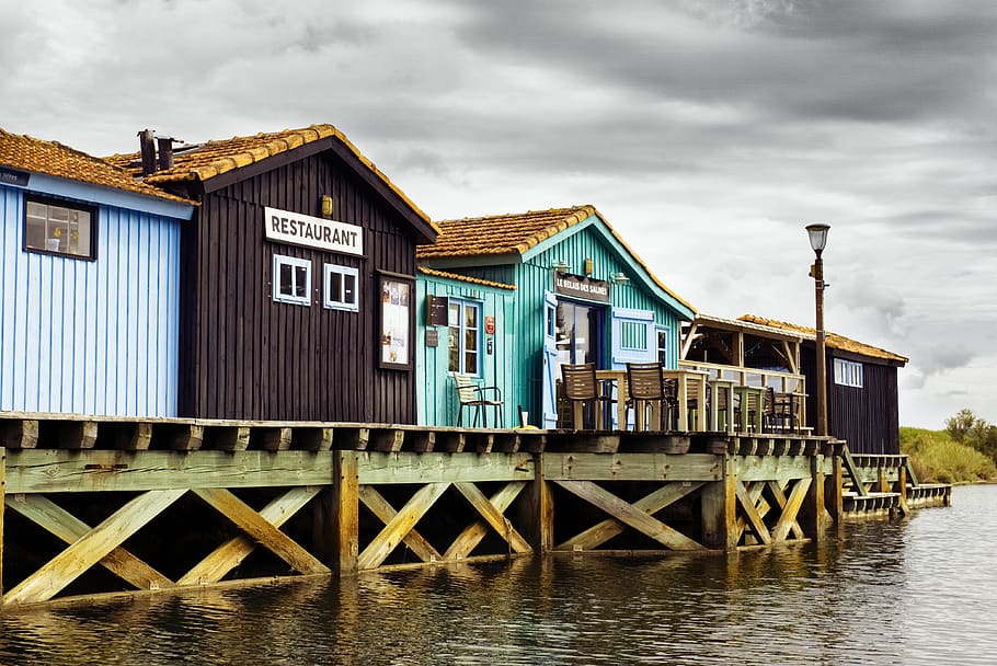 cabins, fishing, sea, water, fisherman, island of oleron, salines, HD wallpaper