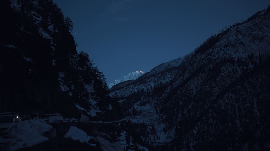 mountain range under blue sky at night, nature, outdoors, peak HD wallpaper