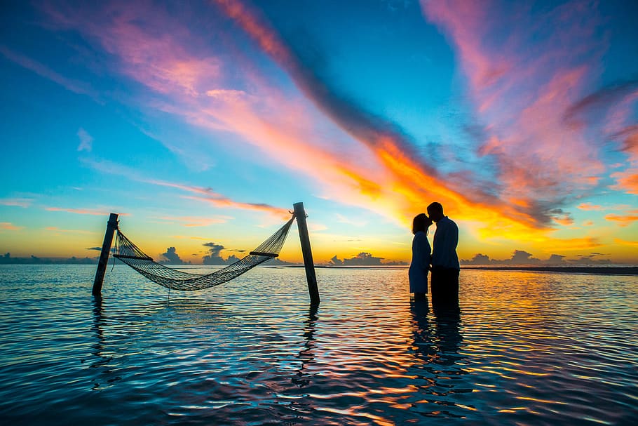 Silhouette Photo Couple Kissing Each Other during Sunset, affair