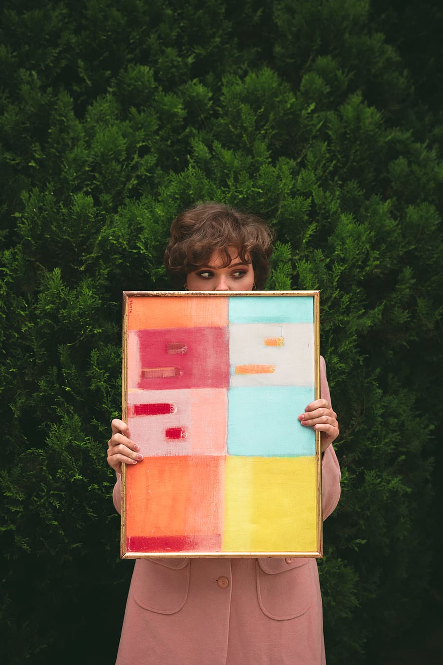Woman Holding Frame, art, cover, daylight, hide, hiding, painting HD wallpaper