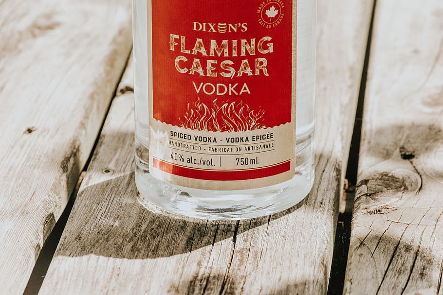 750ml Dixon's flaming caesar vodka bottle, alcohol, sunlight