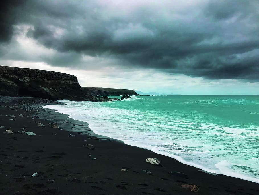 black beach, fuerteventura, water, nature, forward, ocean, fishing village, HD wallpaper