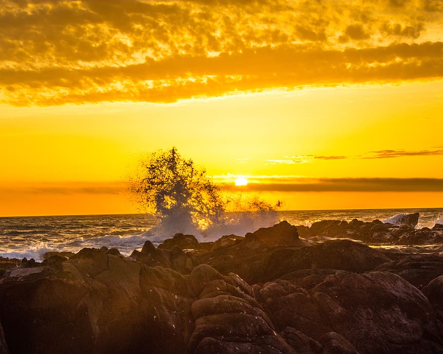 sunset, beach, cambria, coast, orange, sea, wave, beauty in nature HD wallpaper