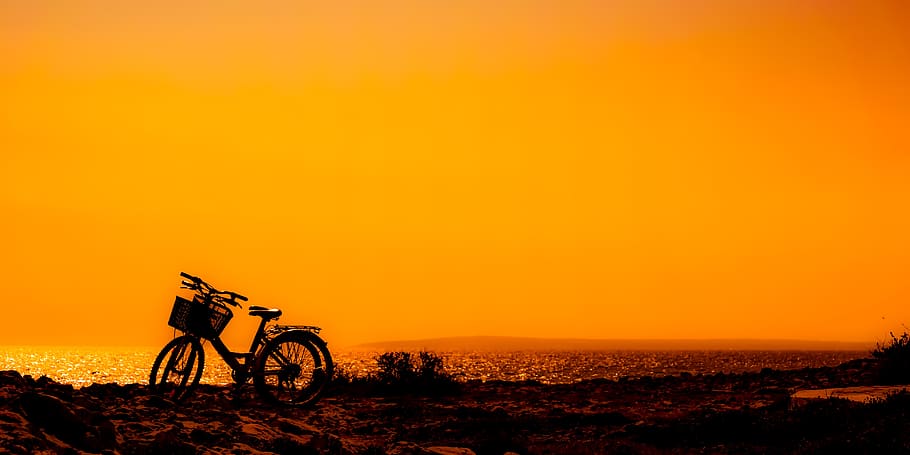 sunset, bikes, nature, landscape, sky, dusk, orange, golden HD wallpaper