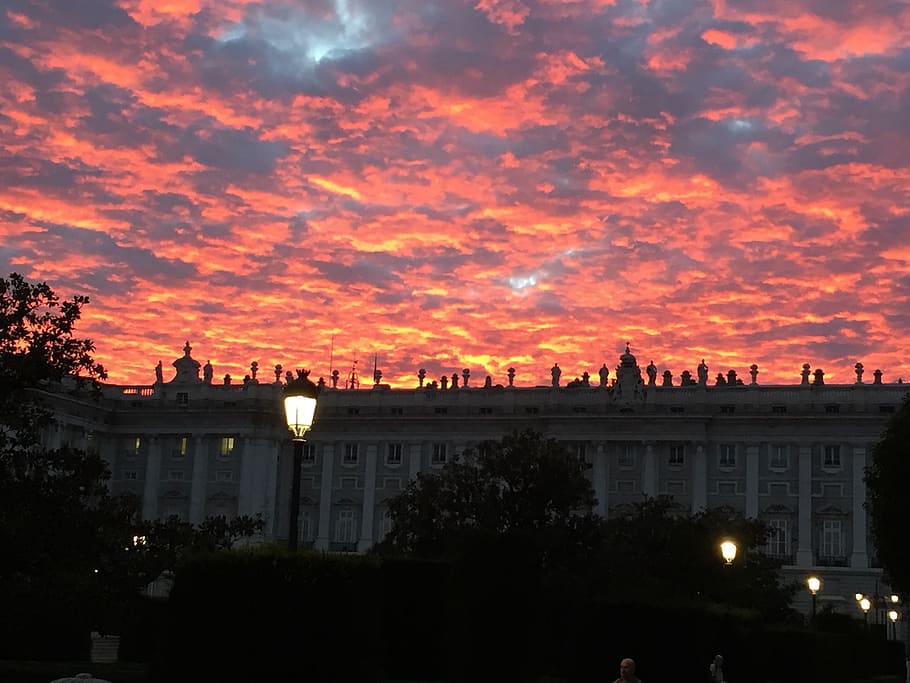 spain, madrid, sunset, building exterior, built structure, architecture HD wallpaper
