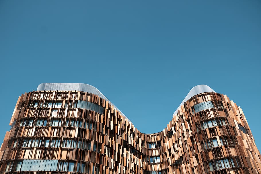 brown painted building, sky, architecture, window, modern design HD wallpaper