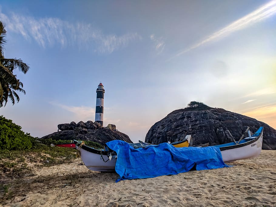 White Canoe With Blue Cover on Sand, boats, clouds, daytime, grass HD wallpaper