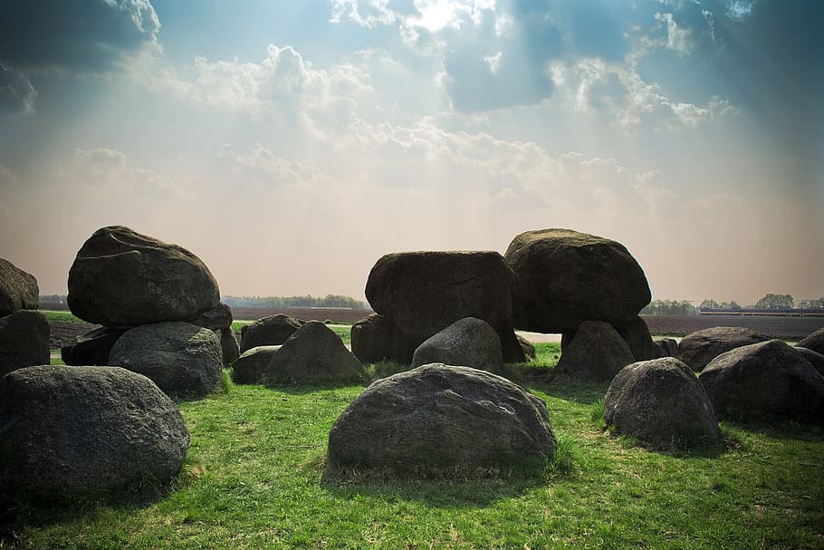 sky, clouds, sunrays, sunlight, stones, green, grass, nature HD wallpaper