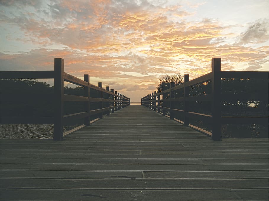 sunset, sky, clouds, wood, bridge, railing, beach, ocean, the way forward HD wallpaper