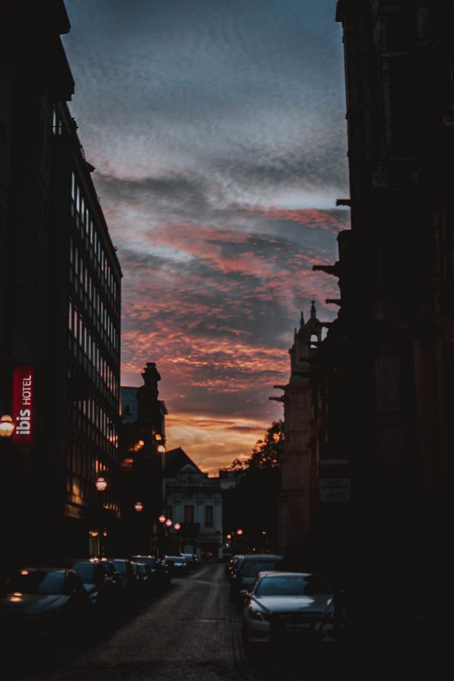 sunset, clouds, city, street, streetphotography, architecture HD wallpaper