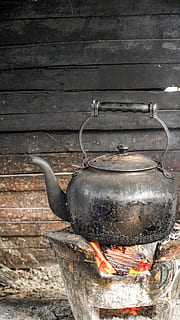 kettle, pot, pottery, fire, wood, tea, burning, coffee, teapot HD wallpaper