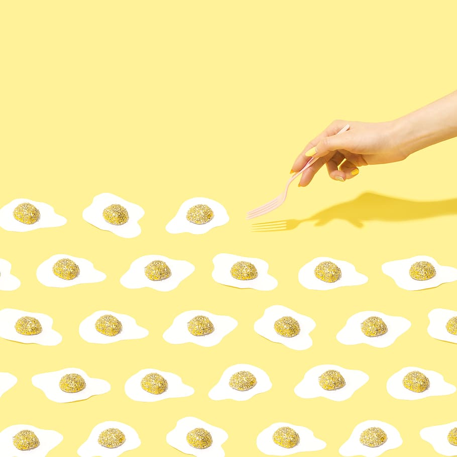 person holding fork, egg, hand, design, breakfast, abstract, pattern HD wallpaper