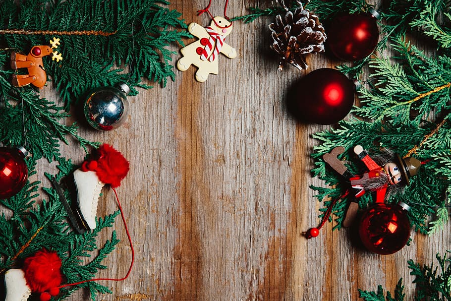 Christmas & Tree Decor Flatlay Photo, Holidays, celebration HD wallpaper
