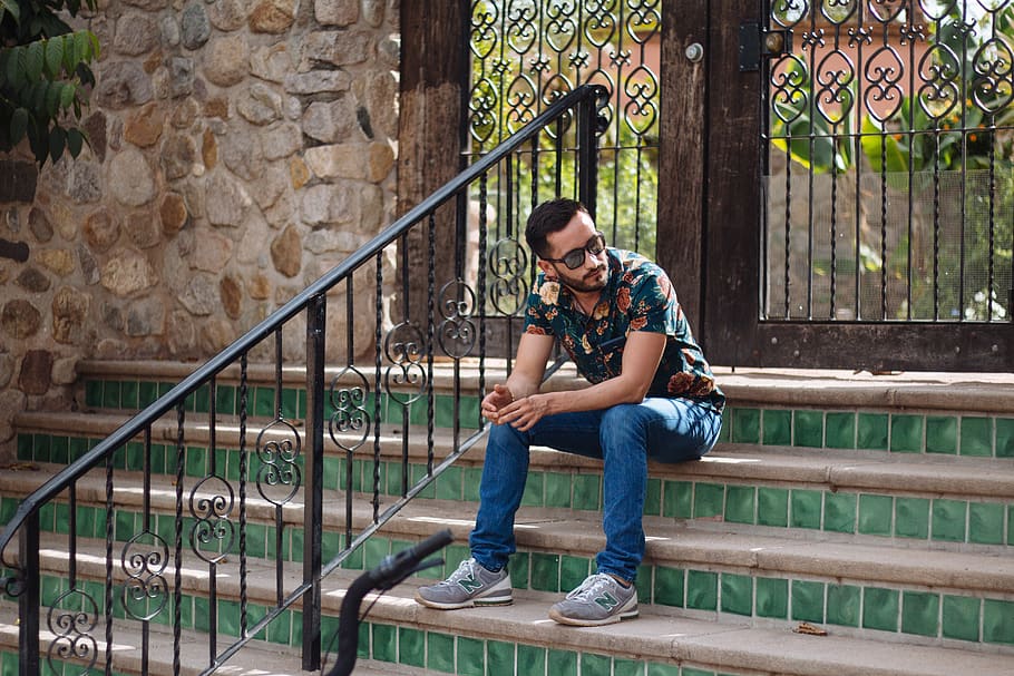 man sitting on stair, shoe, apparel, footwear, clothing, person HD wallpaper