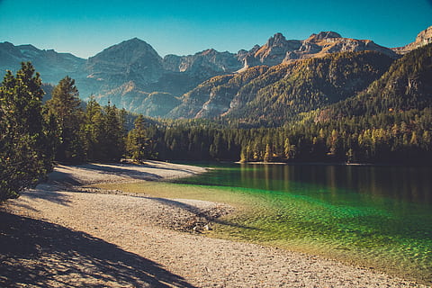 lake in forest, water, italy, peak, landscape, lago di tovel HD wallpaper