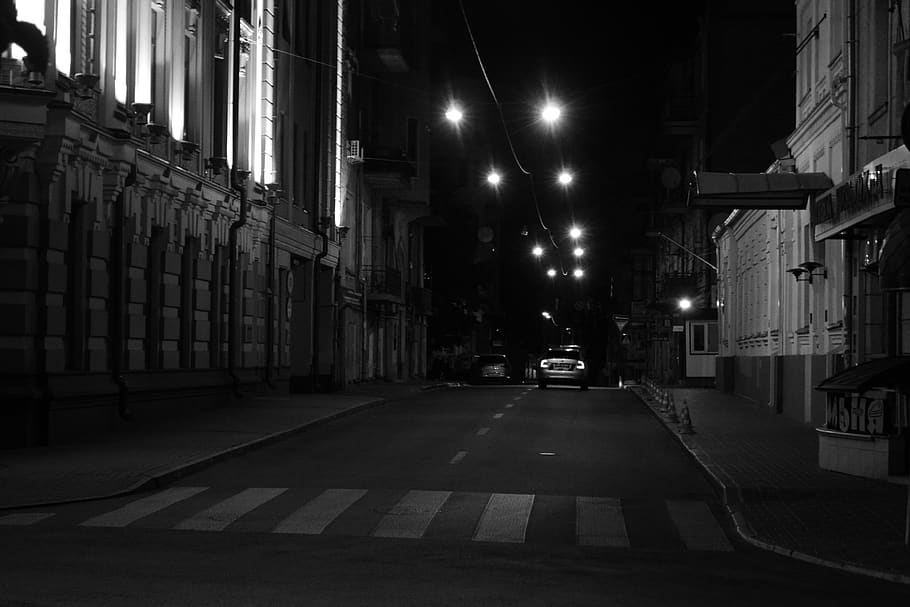 kyiv, night, street, black and white, car, alone, lights, architecture
