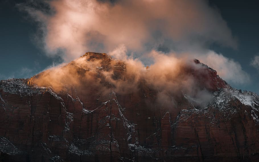 photo of mountain peak, mist, snow, sky, landscape, fog, cloud HD wallpaper