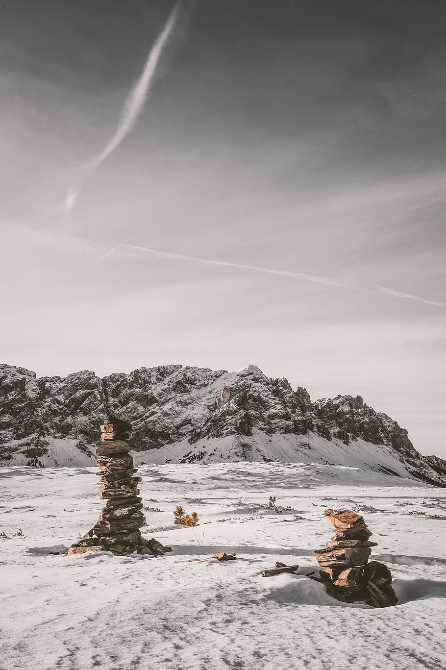 Stack of Stones on Snow Covered Field, altitude, clouds, cold HD wallpaper