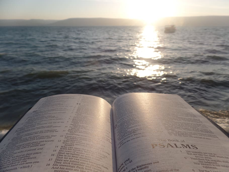 An open book with the ocean in the background., israel, sea of galilee