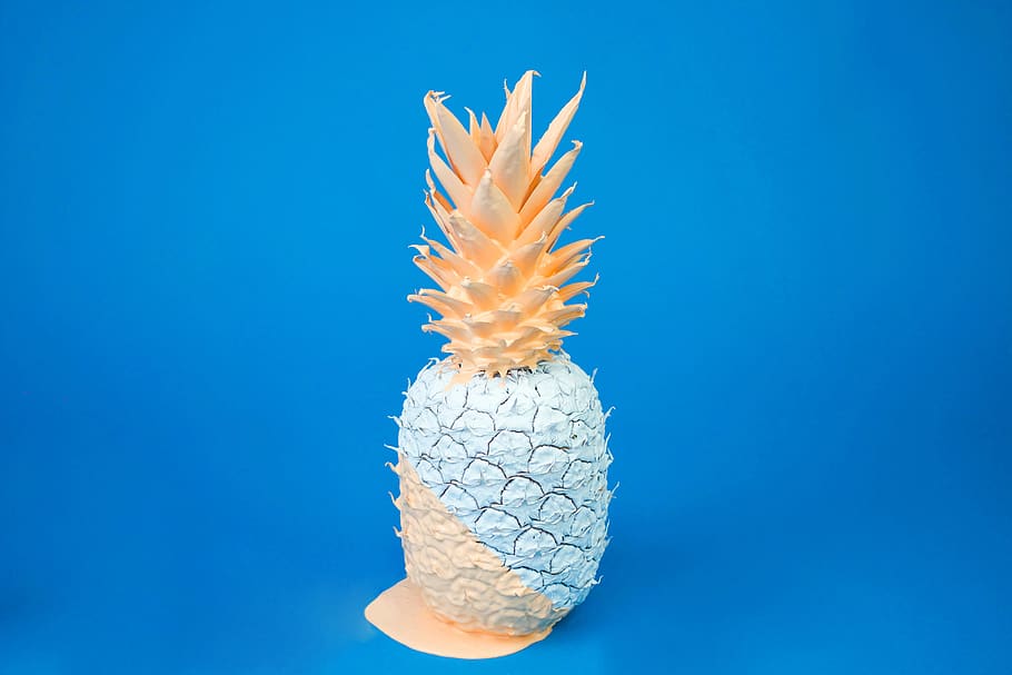 teal and orange pineapple decor, blue, blue background, studio shot HD wallpaper