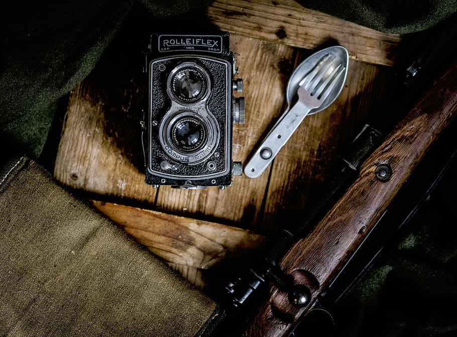 camera, rolleiflex, utility, spoon, fork, wood, vintage, wood - material HD wallpaper