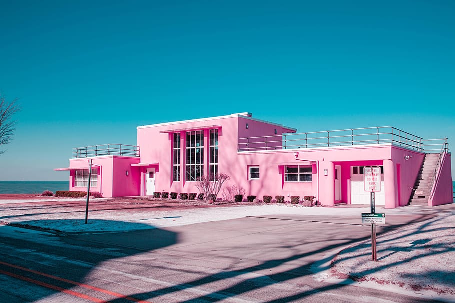 pink concrete building under clear blue sky, built structure HD wallpaper