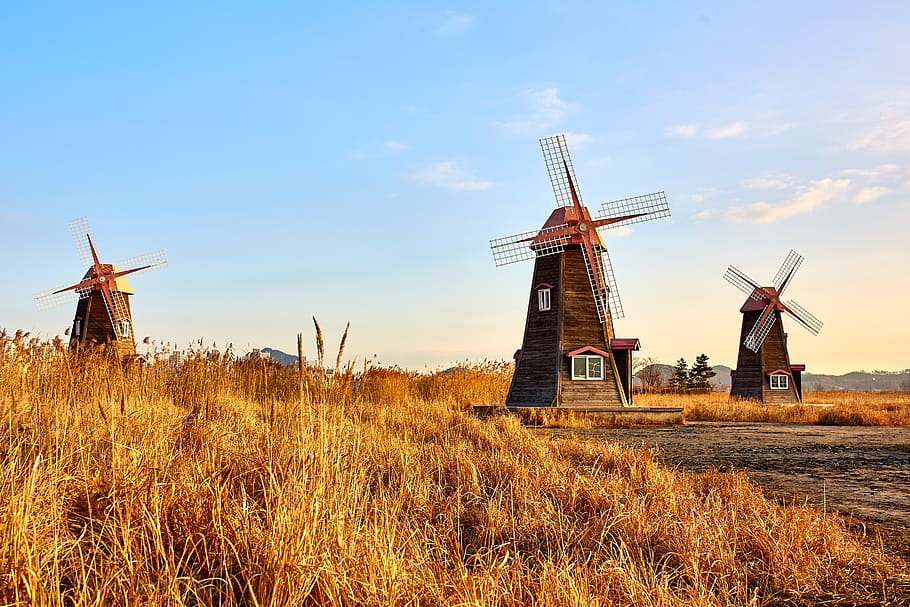 travel, windmill, field, architecture, landscape, sky, sunset HD wallpaper