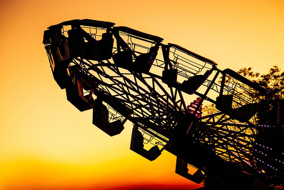 carnival, fun, sunset, orange, sky, ride, tree, amusement park HD wallpaper