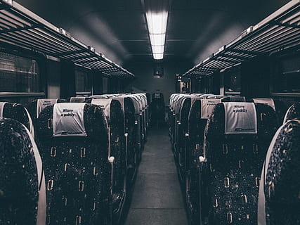 bus, train, transportation, seats, aisle, night, evening, lights HD wallpaper