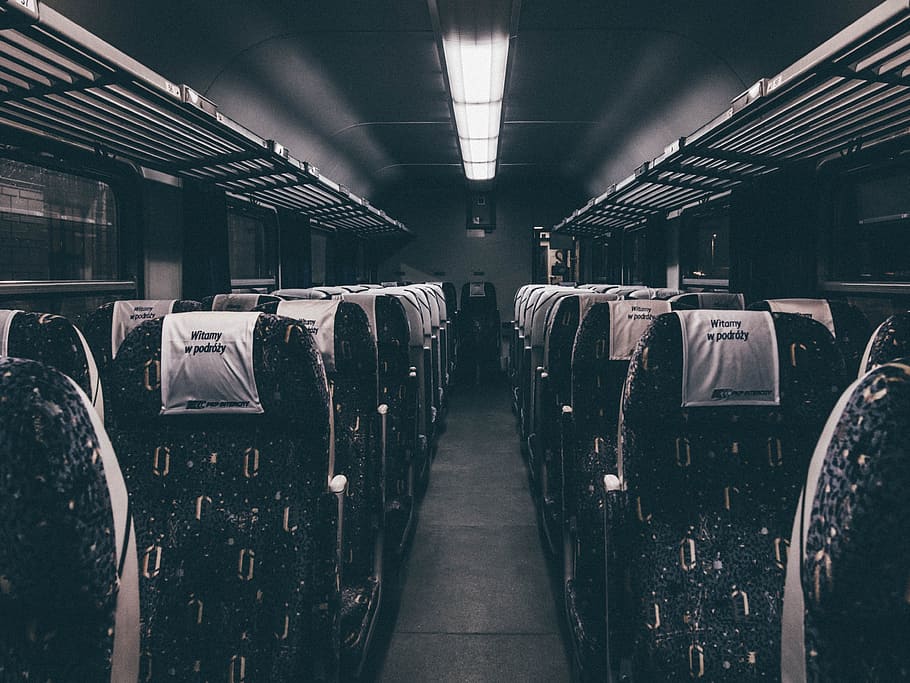 bus, train, transportation, seats, aisle, night, evening, lights HD wallpaper