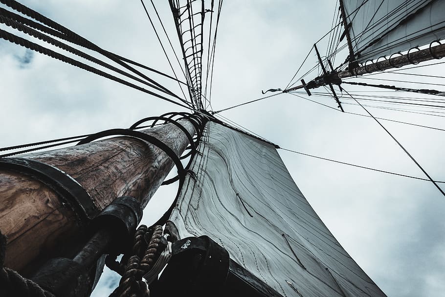 brown ship, low angle view, sky, cable, connection, day, no people HD wallpaper