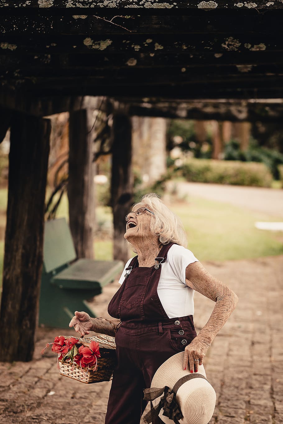 Woman Wearing Brown Dungaree Holding Sunhat, beautiful, elderly HD wallpaper