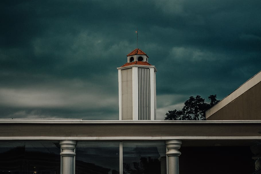 white tower house under nimbus clouds, architecture, building exterior HD wallpaper