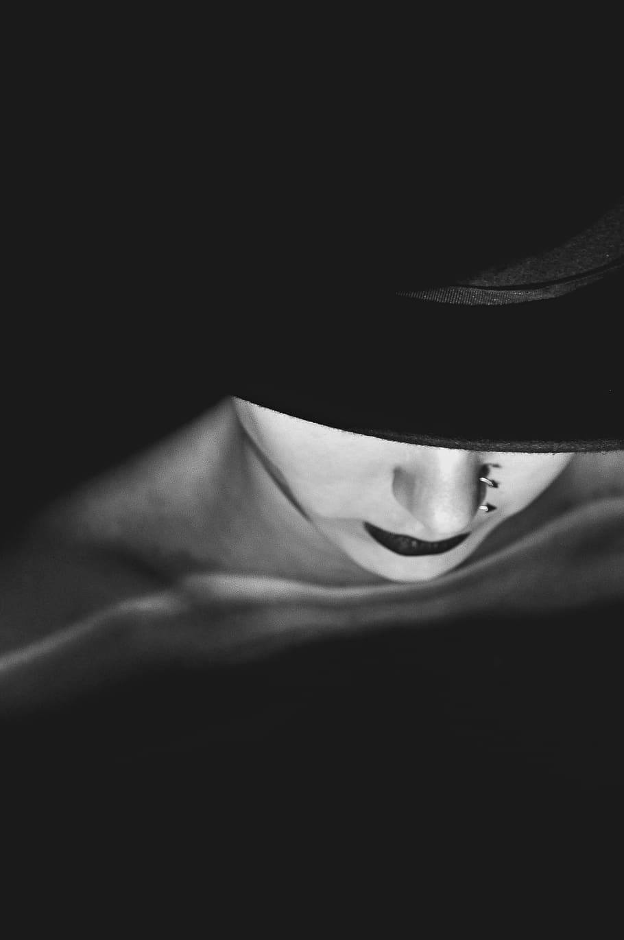 woman with a black hat, face, human, person, female, apparel