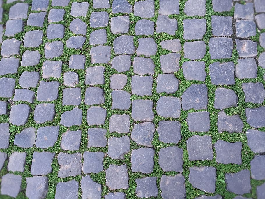 cobblestone, pattern, rock, grass, full frame, backgrounds