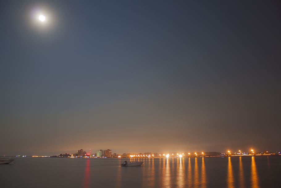romania, sea, night, illuminated, water, sky, waterfront, reflection HD wallpaper