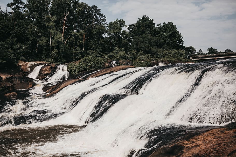 waterfall, trees, rocks, nature, wild, adventure, explore, hiking HD wallpaper
