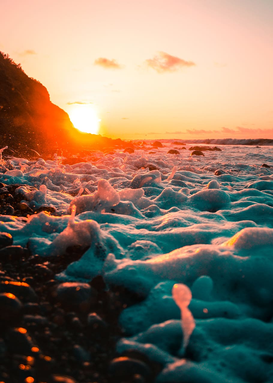 seashore bubbles against light at sunset, foam, beach, wafe, ocean HD wallpaper