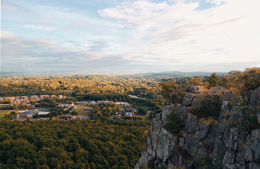 Gray Rock Formation and Trees, cliff, cliffside, clouds, daylight HD wallpaper