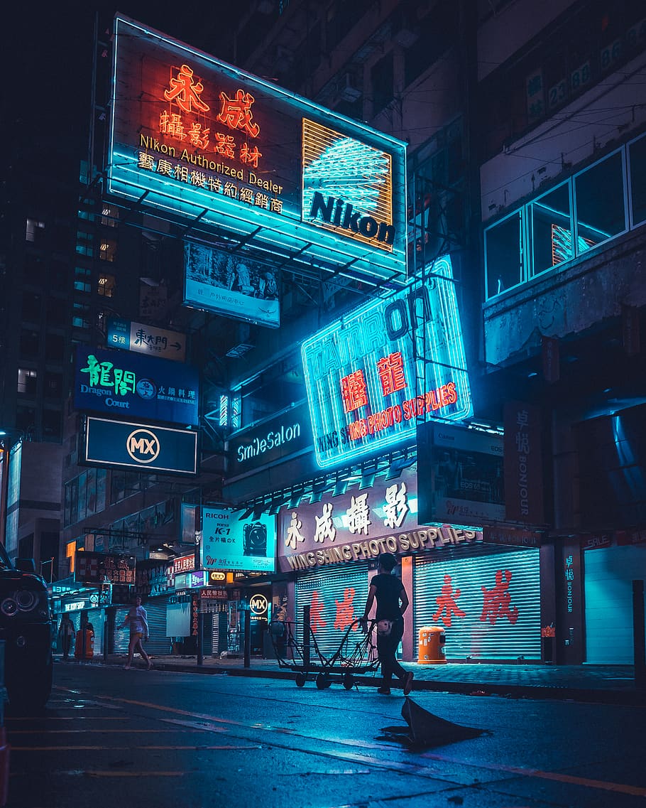 HD wallpaper: man pushing cart near building during nighttime, city ...