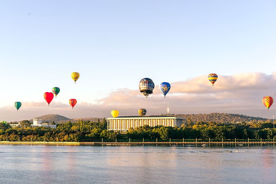 australia, canberra, balloons, hot, air, morning, sunrise, afternoon, HD wallpaper