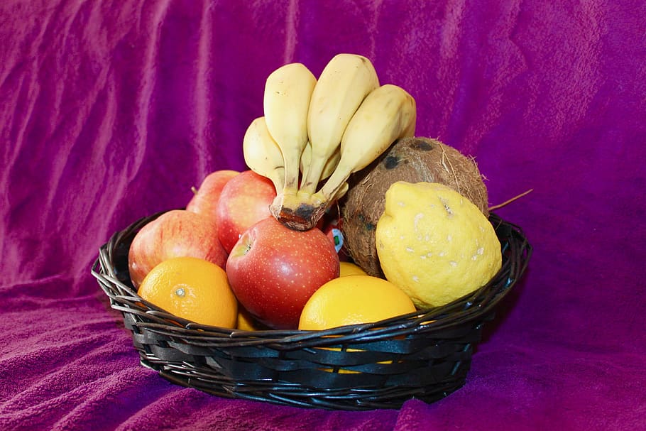 fruit, recycle bin, banana, apple, bananas, apples, black coconut, HD wallpaper