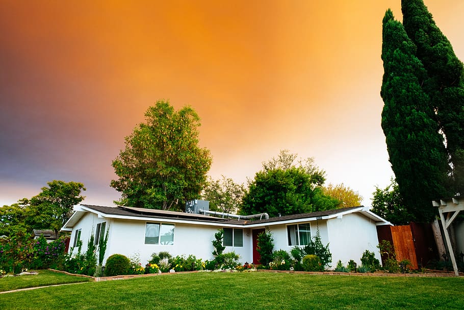 sky, sunset, house, green, grass, view, trees, nature, plant HD wallpaper