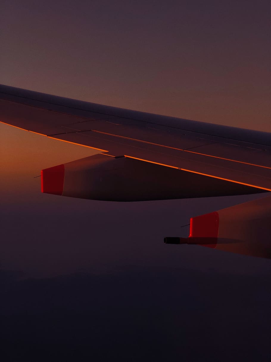 gray airplane wing, transportation, air vehicle, no people, red HD wallpaper