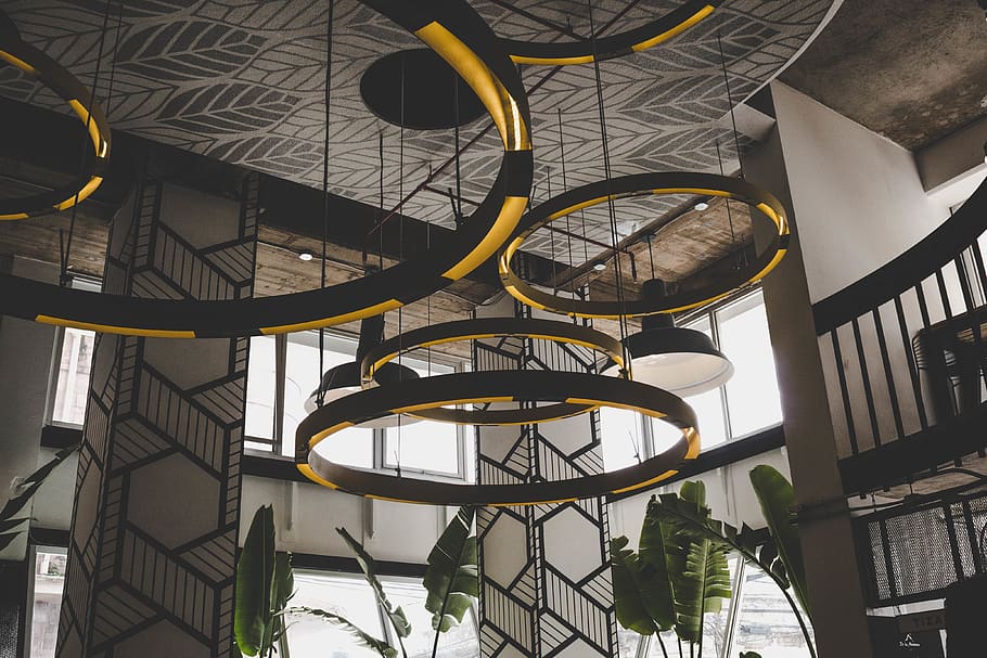 round gold hanging decors, architecture, built structure, low angle view HD wallpaper