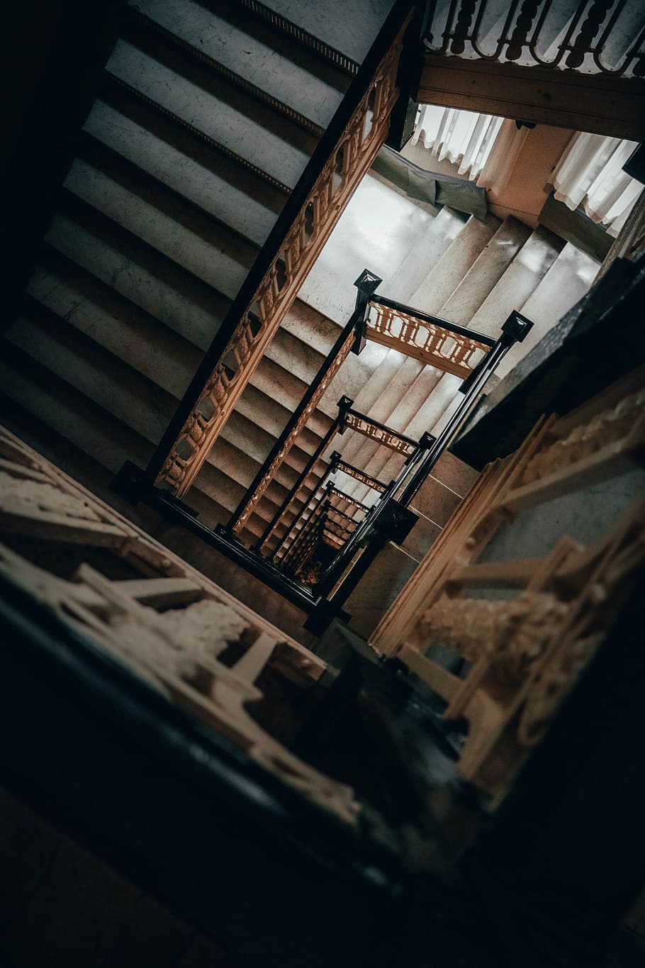 brown staircase, building, architecture, looking down, railing HD wallpaper