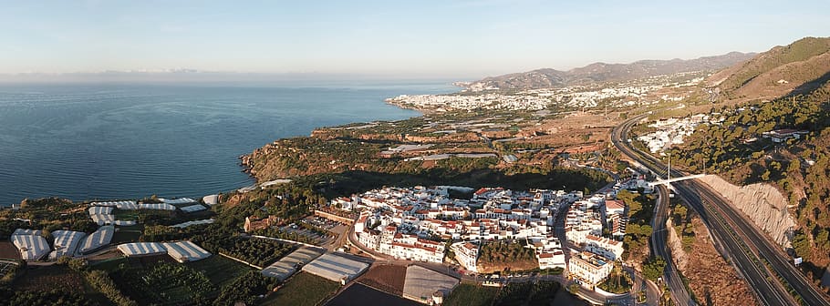 maro, nerja, road, dawn, people, white, sea, costa, architecture HD wallpaper