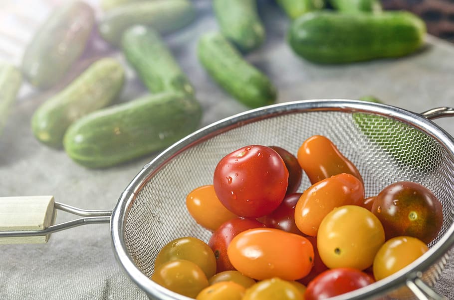 tomatoes, cherry tomatoes, vegetable, cucumber, raw, red, yellow HD wallpaper