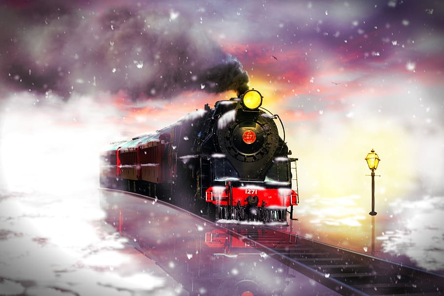 railway, train, winter, snow, steam locomotive, rails, travel HD wallpaper